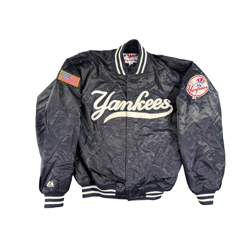 Vintage Majestic New York Yankees Satin Varsity Jacket Mens XL Navy Blue MLB